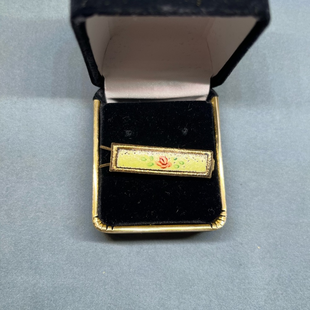 Vintage Gold-Tone Floral Enamel Rectangle Barrette- Pink Rose on Yellow
